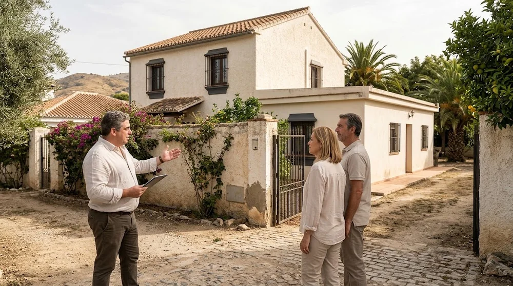 Immobilienberater und Käufer besichtigen ein Wohnhaus mit Grundstücksmauer in Málaga